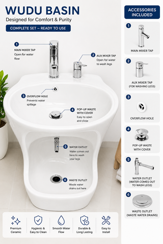 Modern Ceramic Wudu Basin with Dual Mixer Taps | Muslim Ablution Sink | White Gloss Finish